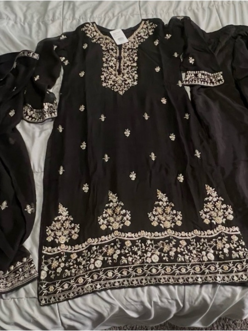 Black Embroidered Tunic Dress with Ivory Floral Detailing